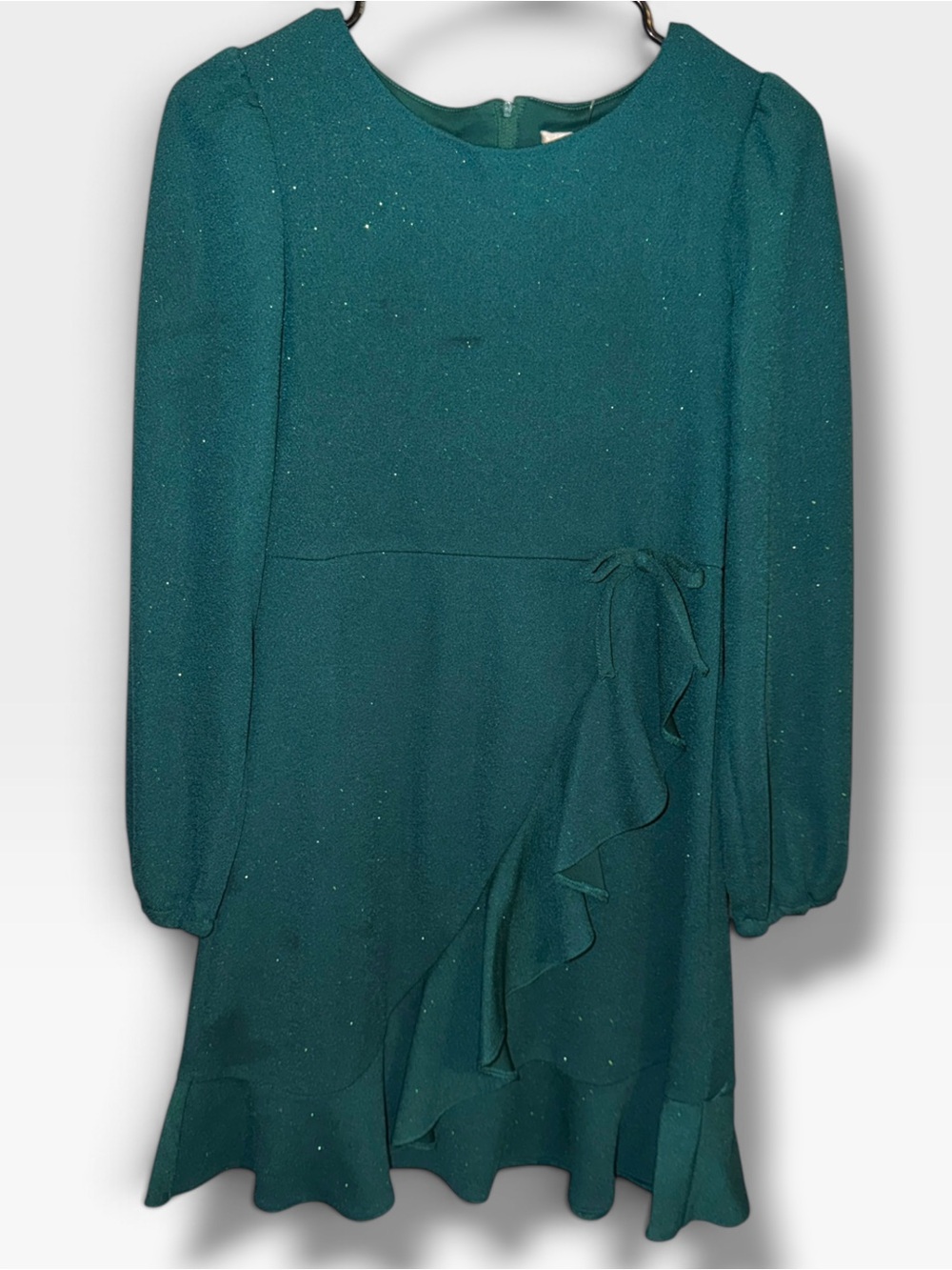 Rare Editions Teal Long-Sleeve Ruffle Front Dress